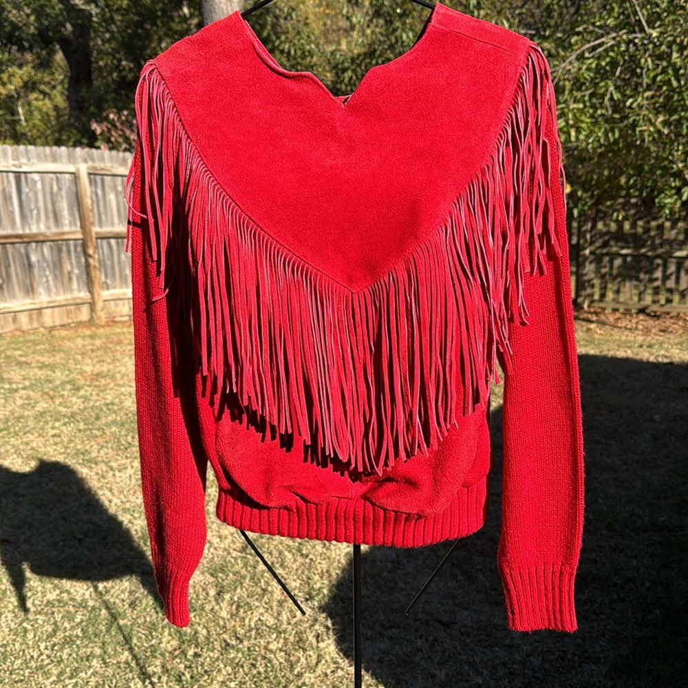Vintage Red Suede Leather Fringed Western Pioneer Wear Sweater S